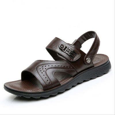 Gỗ làm bằng tay đàn ông Sandals bãi biển màu đen với da trên