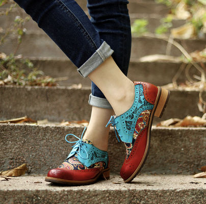 Phụ nữ phong cách Anh Brogue Oxford Giày đa màu Phụ nữ Da Derby Giày