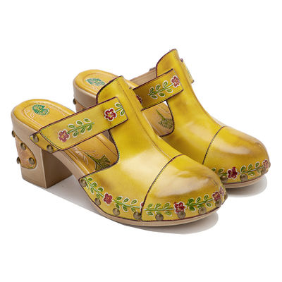 Màu vàng thời trang nữ giày dép hoa T-band phụ nữ da clogs giày dép