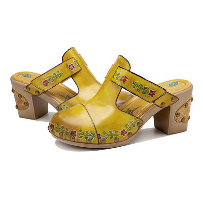Màu vàng thời trang nữ giày dép hoa T-band phụ nữ da clogs giày dép