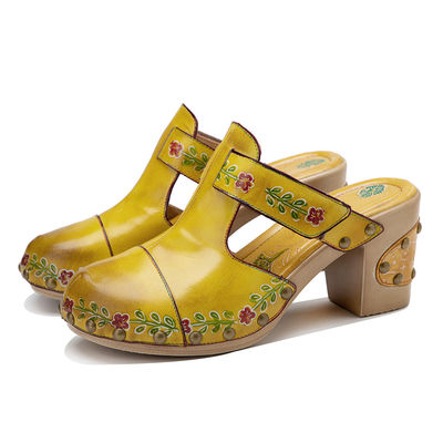 Màu vàng thời trang nữ giày dép hoa T-band phụ nữ da clogs giày dép