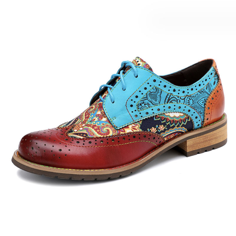 Phụ nữ phong cách Anh Brogue Oxford Giày đa màu Phụ nữ Da Derby Giày
